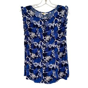 Boden Floral Ruffle Sleeveless Pleated Blouse Women's 6 Blue Career Feminine